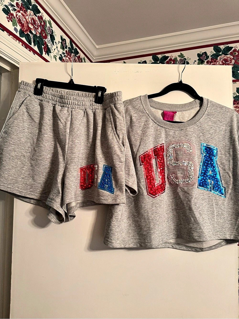 Queen of Sparkles Grey Bandana USA Sweatshirt and Shorts Set Shorts Set Girls